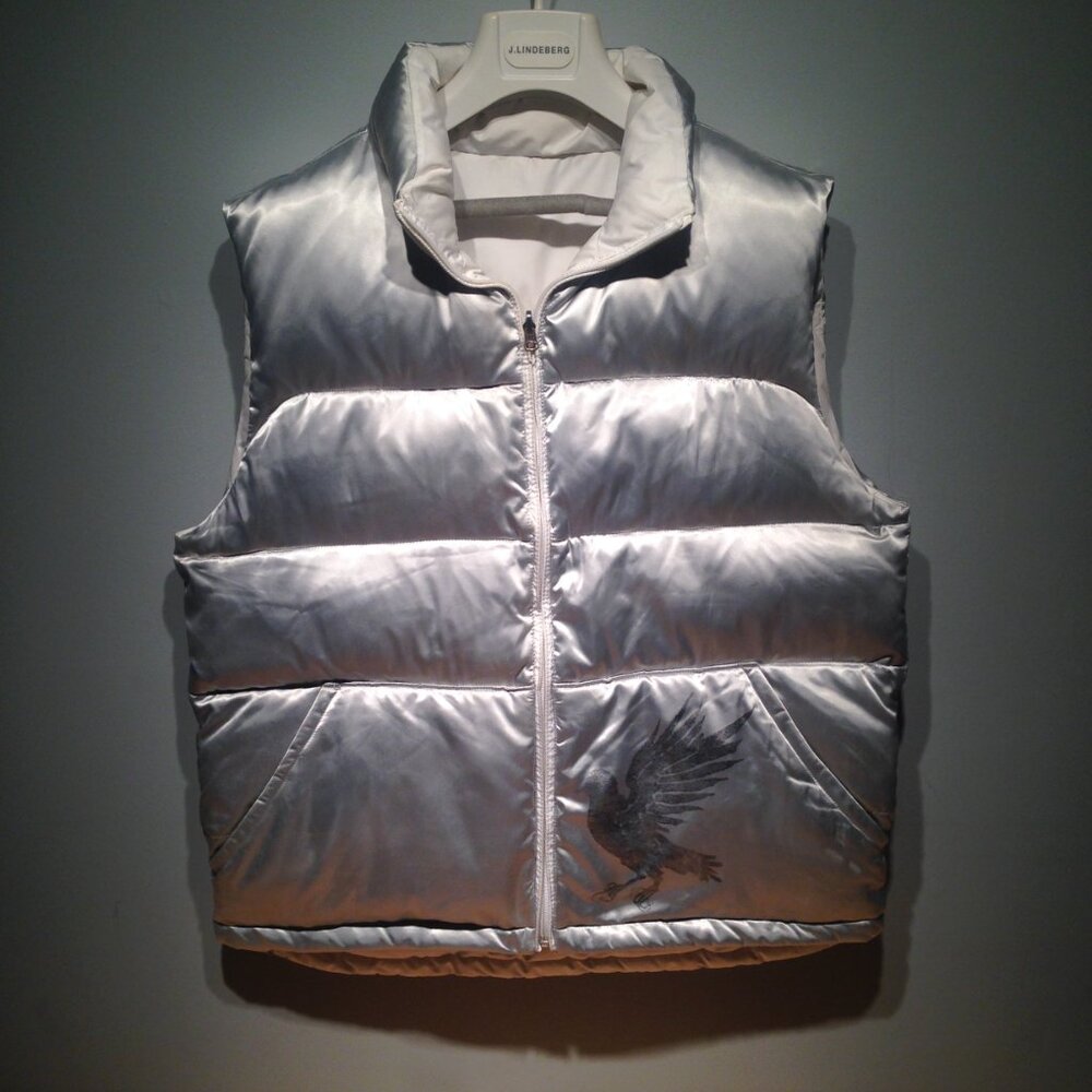 GAP Quilted Puffer Down Silver Jacket with Unique Graphics